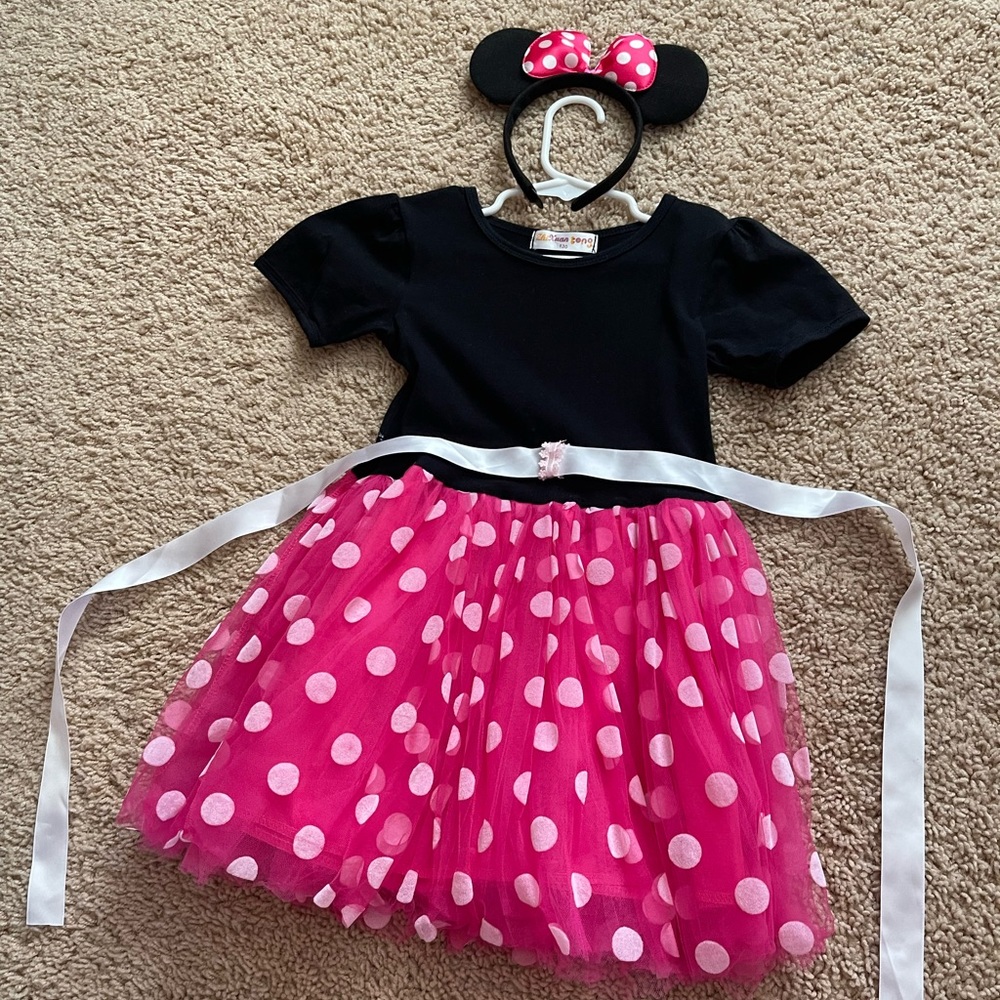 Pink w/ white Polka dots Minnie Mouse Dress with Minnie ears head band.
